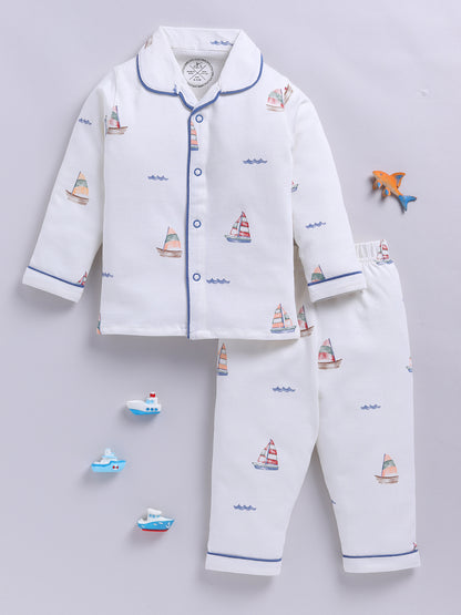 'Boats' Off-white Cotton Knitted Full Sleeve Night Suit