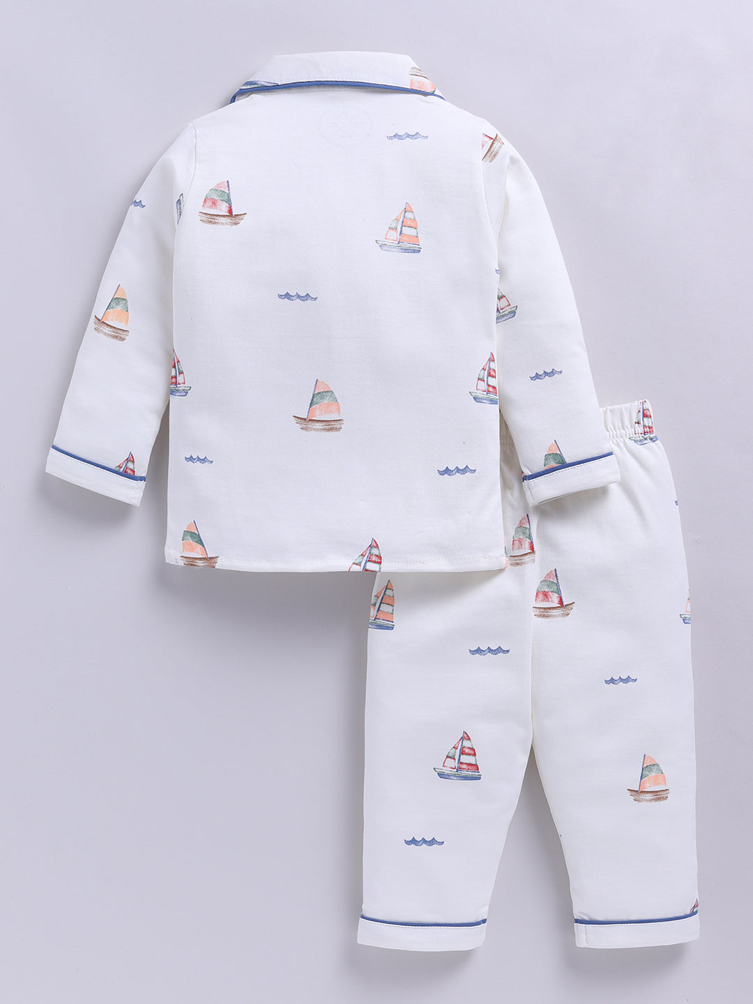 'Boats' Off-white Cotton Knitted Full Sleeve Night Suit
