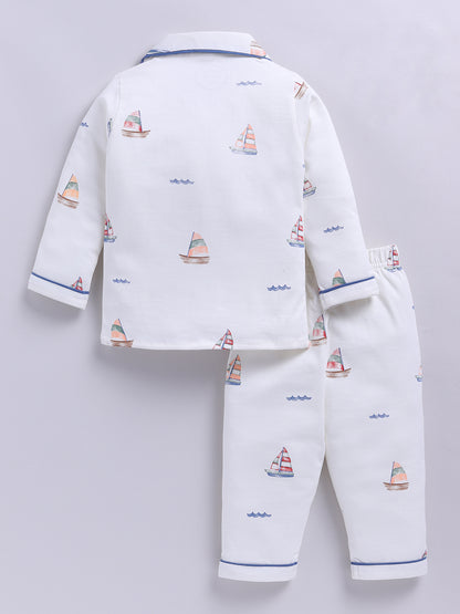 'Boats' Off-white Cotton Knitted Full Sleeve Night Suit