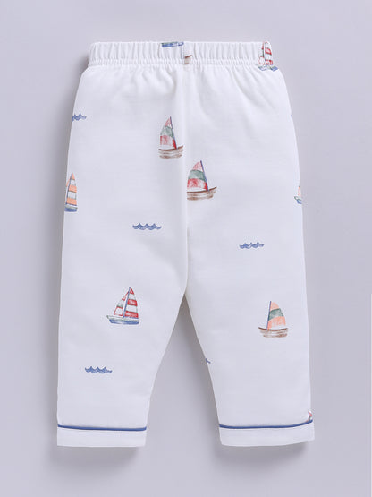 'Boats' Off-white Cotton Knitted Full Sleeve Night Suit