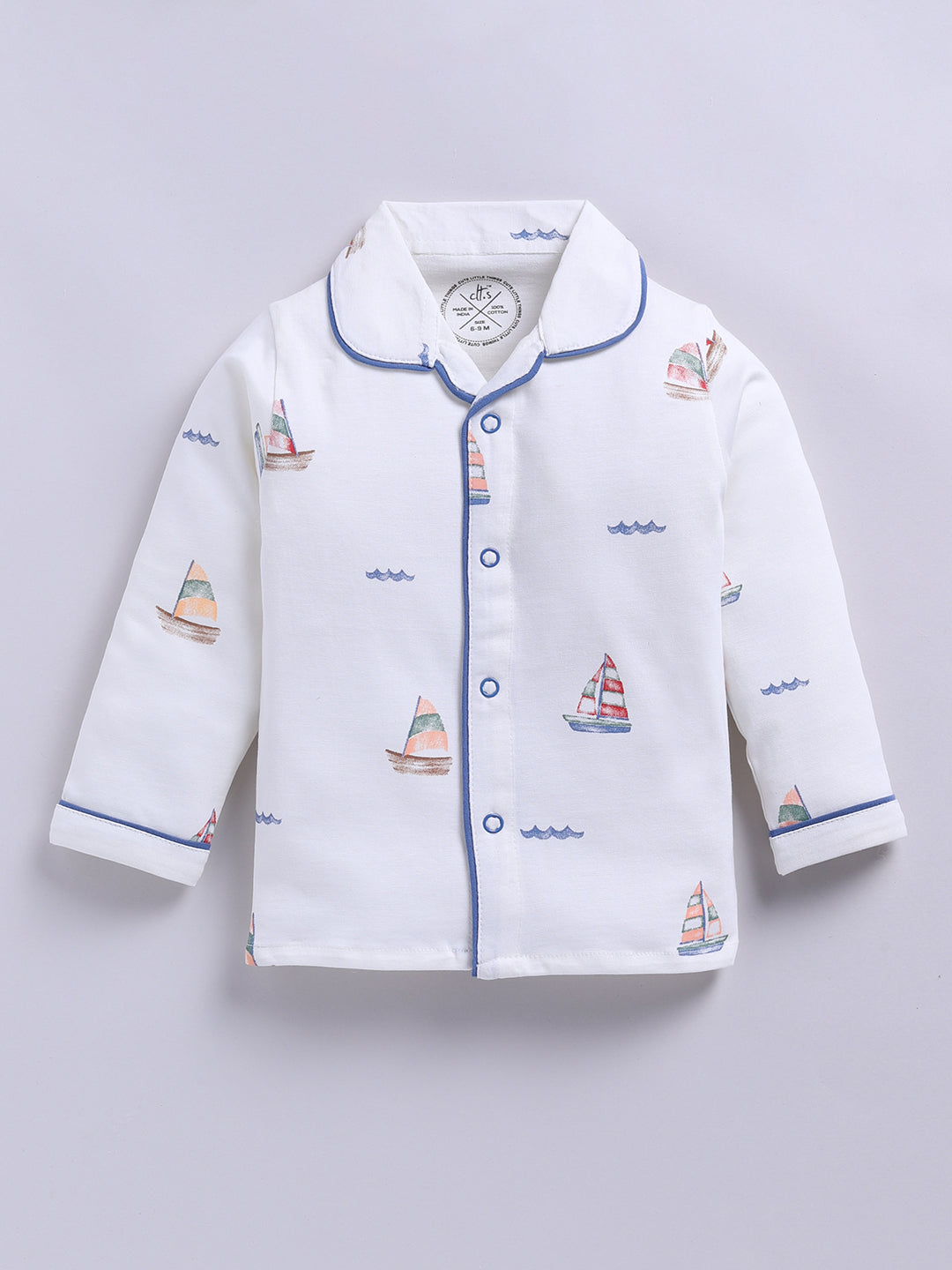 'Boats' Off-white Cotton Knitted Full Sleeve Night Suit