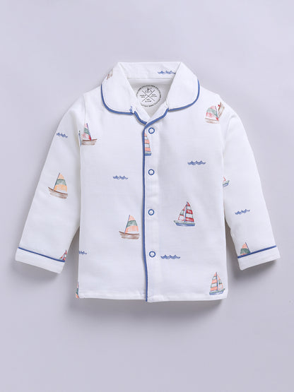 'Boats' Off-white Cotton Knitted Full Sleeve Night Suit