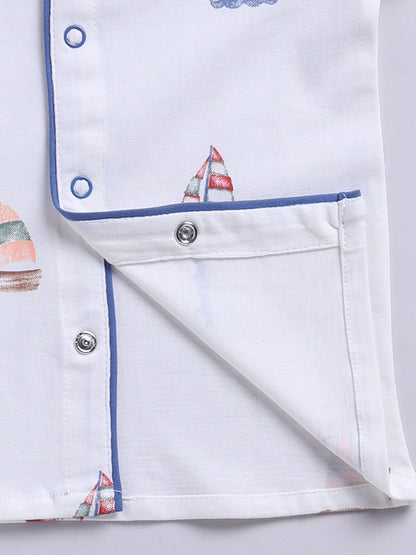 'Boats' Off-white Cotton Knitted Full Sleeve Night Suit