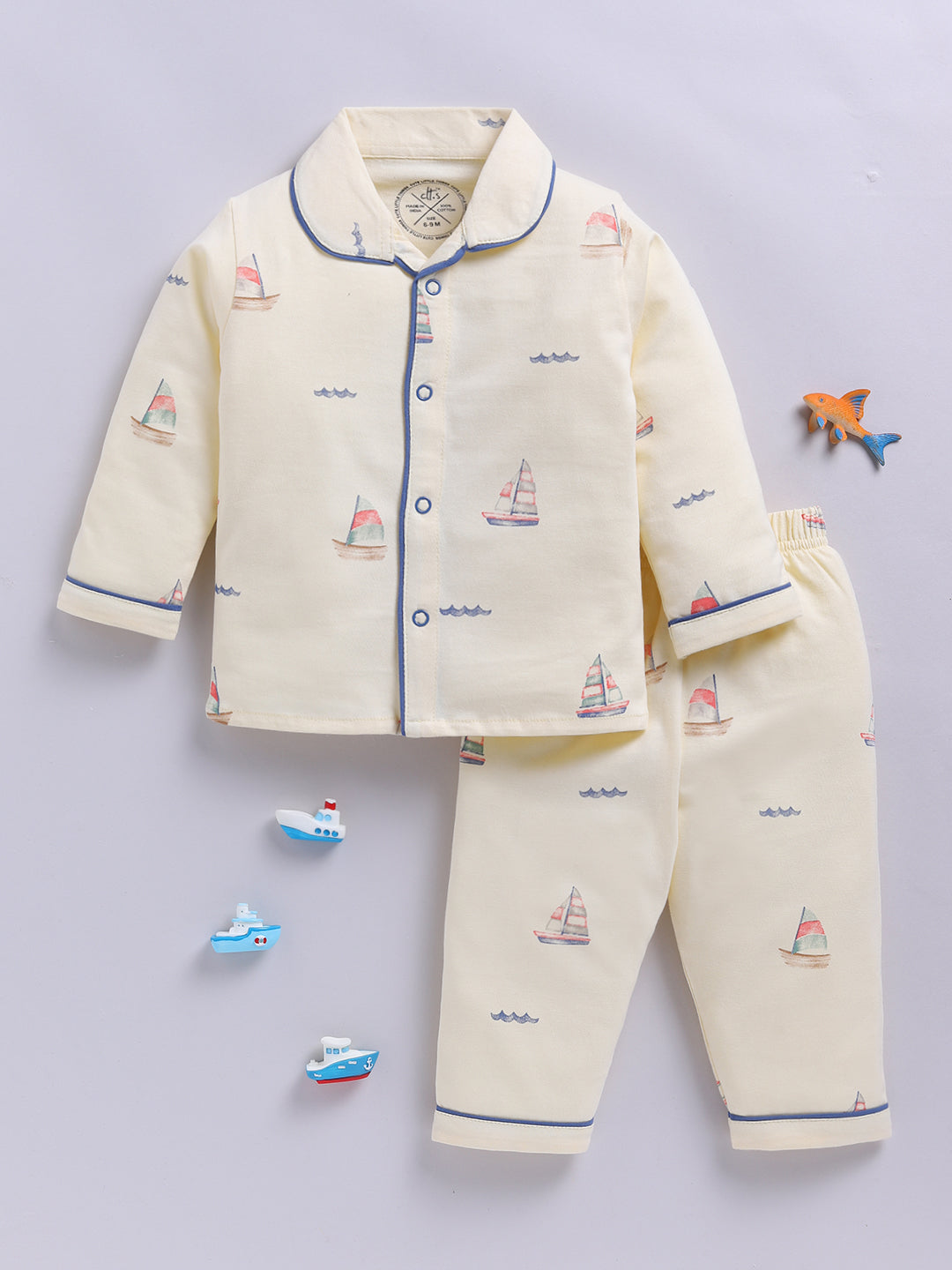 'Boats' Yellow Cotton Knitted Full Sleeve Night Suit