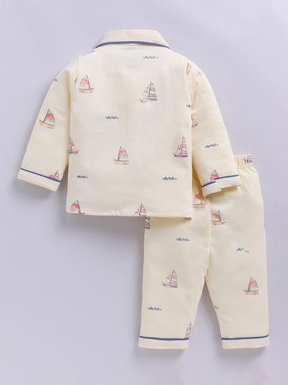 'Boats' Yellow Cotton Knitted Full Sleeve Night Suit