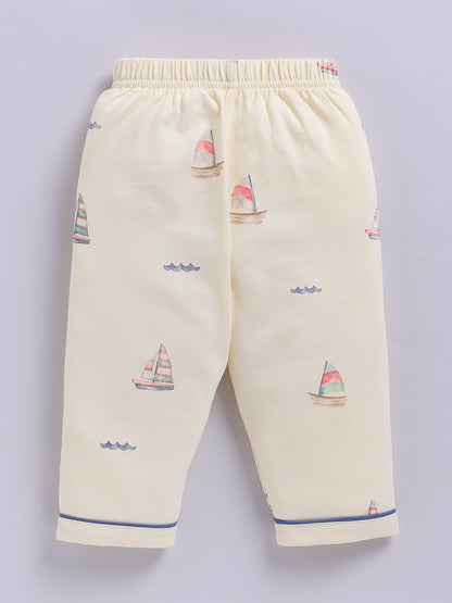 'Boats' Yellow Cotton Knitted Full Sleeve Night Suit