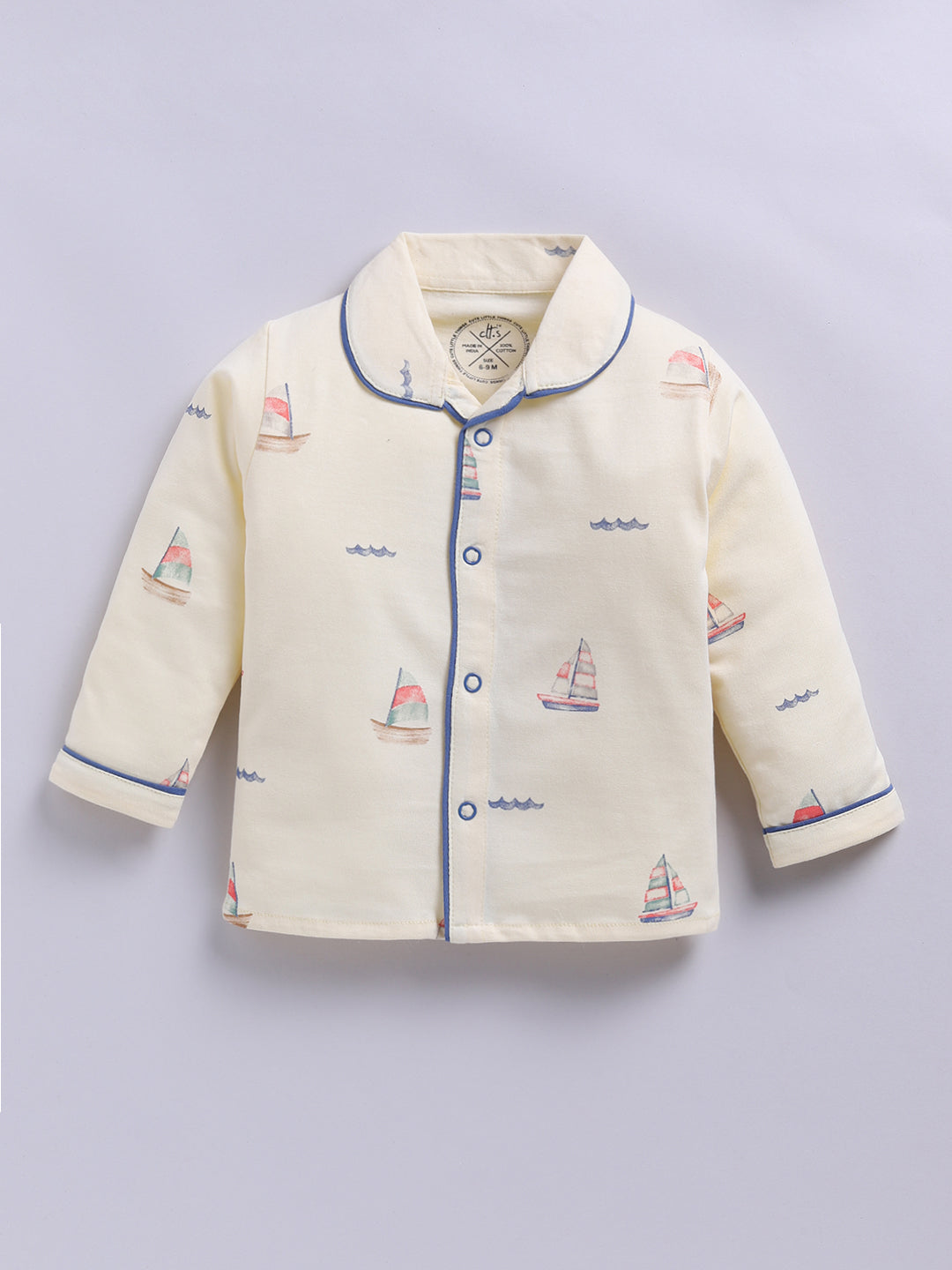 'Boats' Yellow Cotton Knitted Full Sleeve Night Suit