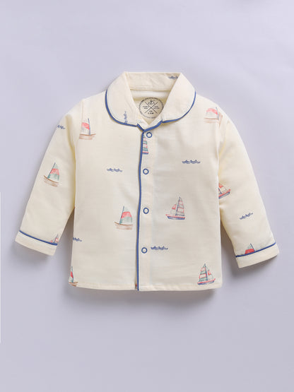 'Boats' Yellow Cotton Knitted Full Sleeve Night Suit