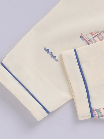 'Boats' Yellow Cotton Knitted Full Sleeve Night Suit