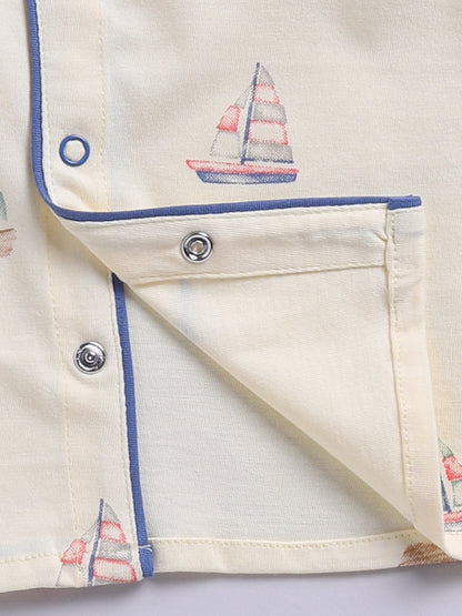 'Boats' Yellow Cotton Knitted Full Sleeve Night Suit