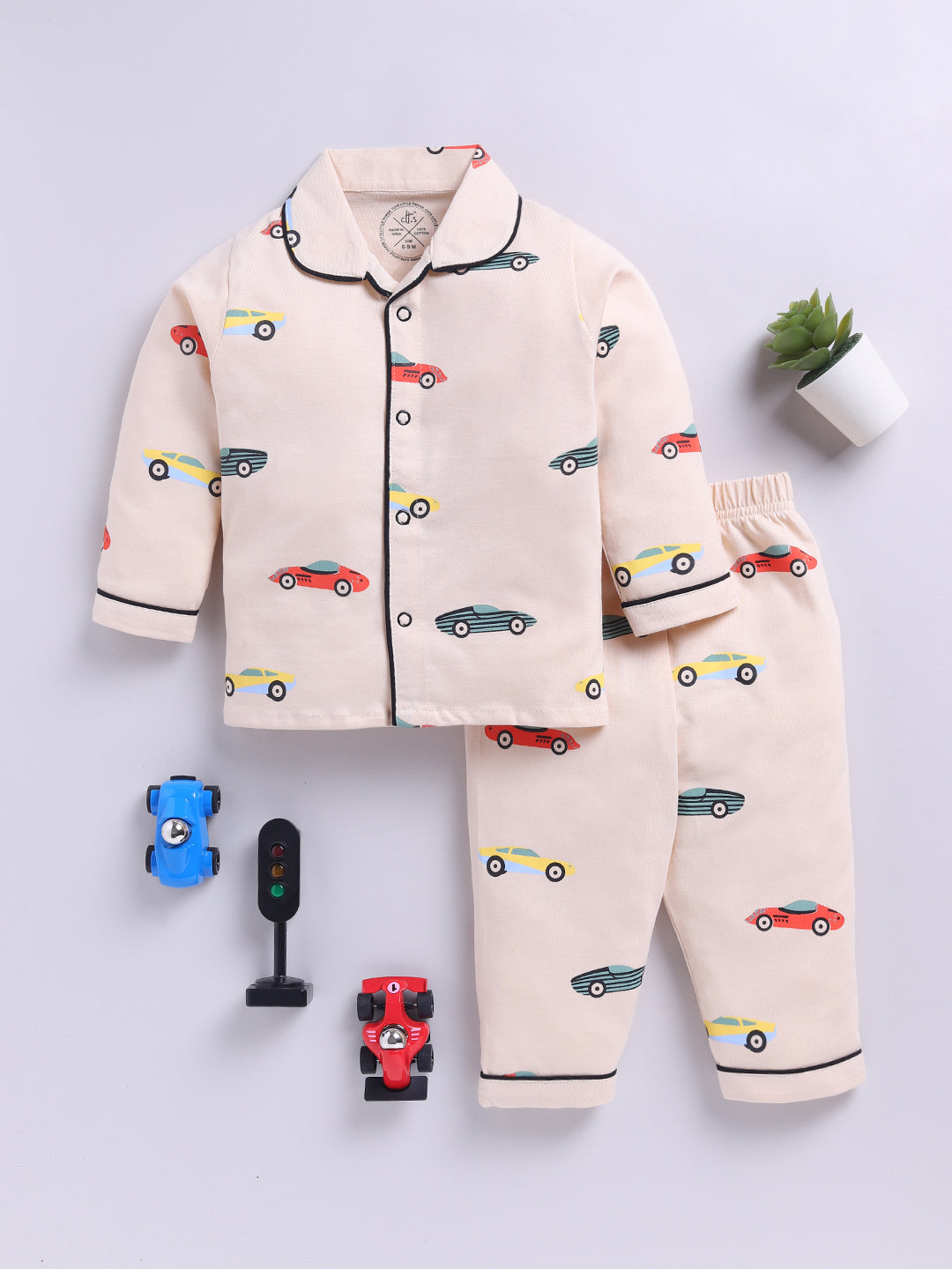 'Cars' Beige Cotton Knitted Full Sleeve Night Suit