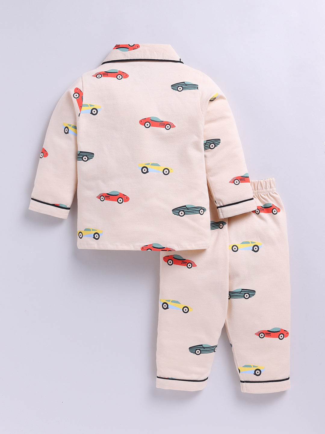 'Cars' Beige Cotton Knitted Full Sleeve Night Suit