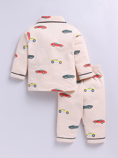 'Cars' Beige Cotton Knitted Full Sleeve Night Suit