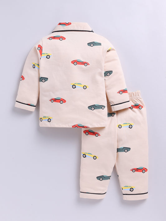 'Cars' Beige Cotton Knitted Full Sleeve Night Suit