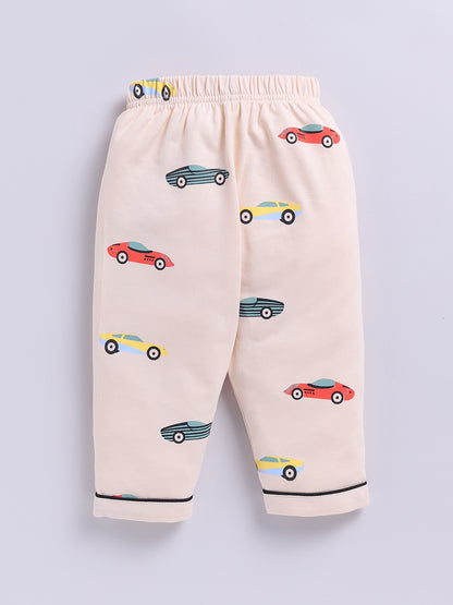 'Cars' Beige Cotton Knitted Full Sleeve Night Suit