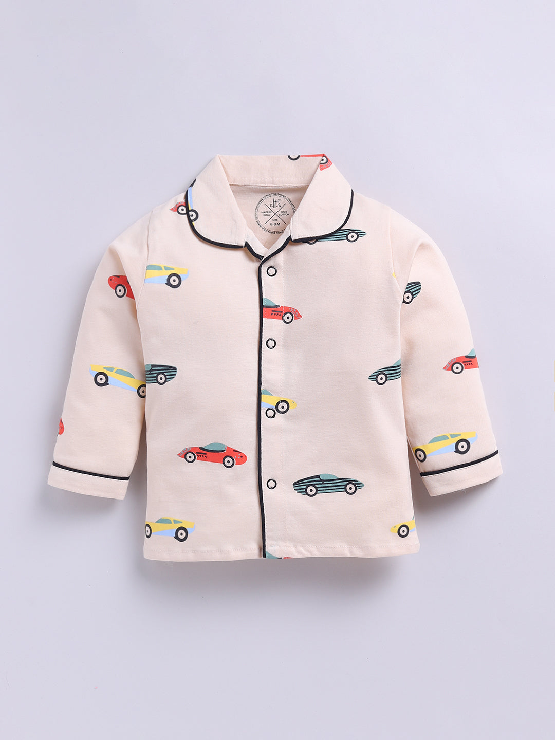 'Cars' Beige Cotton Knitted Full Sleeve Night Suit