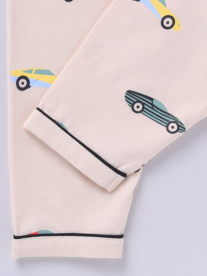'Cars' Beige Cotton Knitted Full Sleeve Night Suit