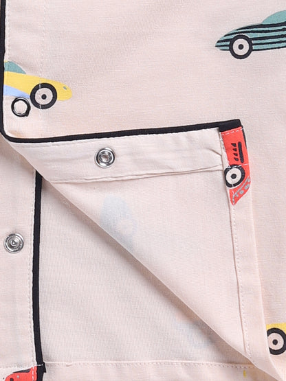 'Cars' Beige Cotton Knitted Full Sleeve Night Suit