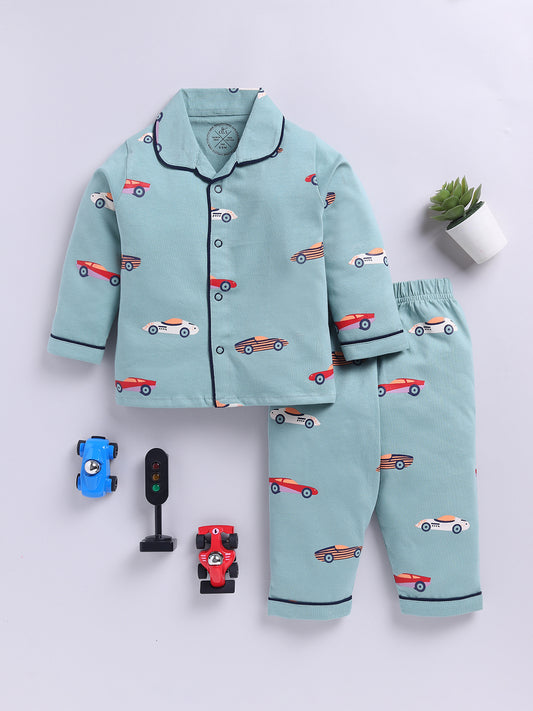 'Cars' Green Cotton Knitted Full Sleeve Night Suit