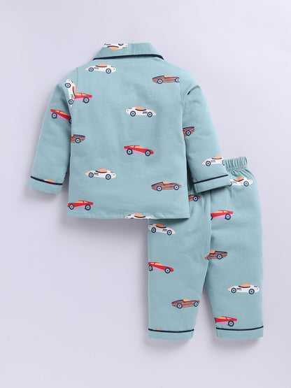 'Cars' Green Cotton Knitted Full Sleeve Night Suit