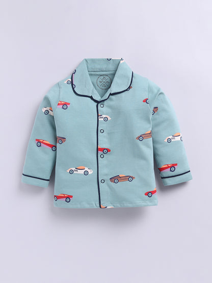 'Cars' Green Cotton Knitted Full Sleeve Night Suit