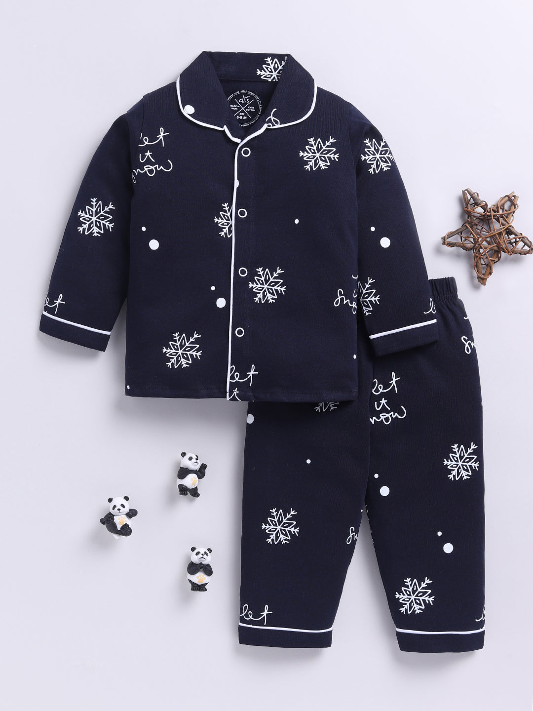 'Snowflake' Blue Cotton Knitted Full Sleeve Night Suit