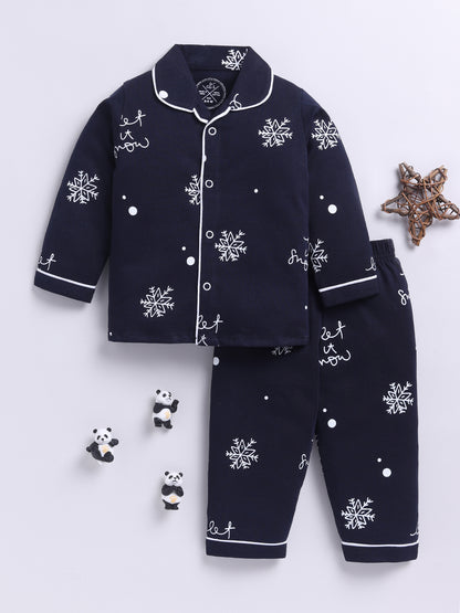 'Snowflake' Blue Cotton Knitted Full Sleeve Night Suit
