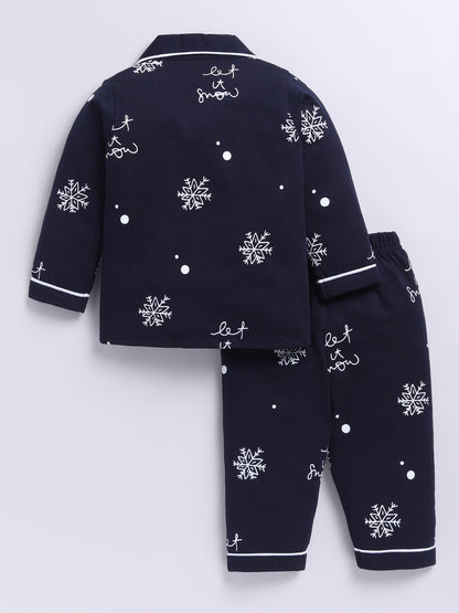 'Snowflake' Blue Cotton Knitted Full Sleeve Night Suit
