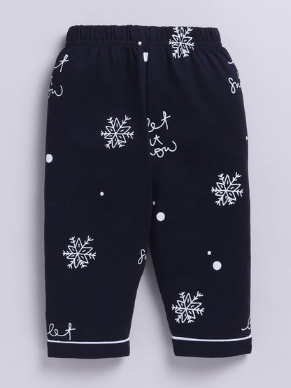 'Snowflake' Blue Cotton Knitted Full Sleeve Night Suit