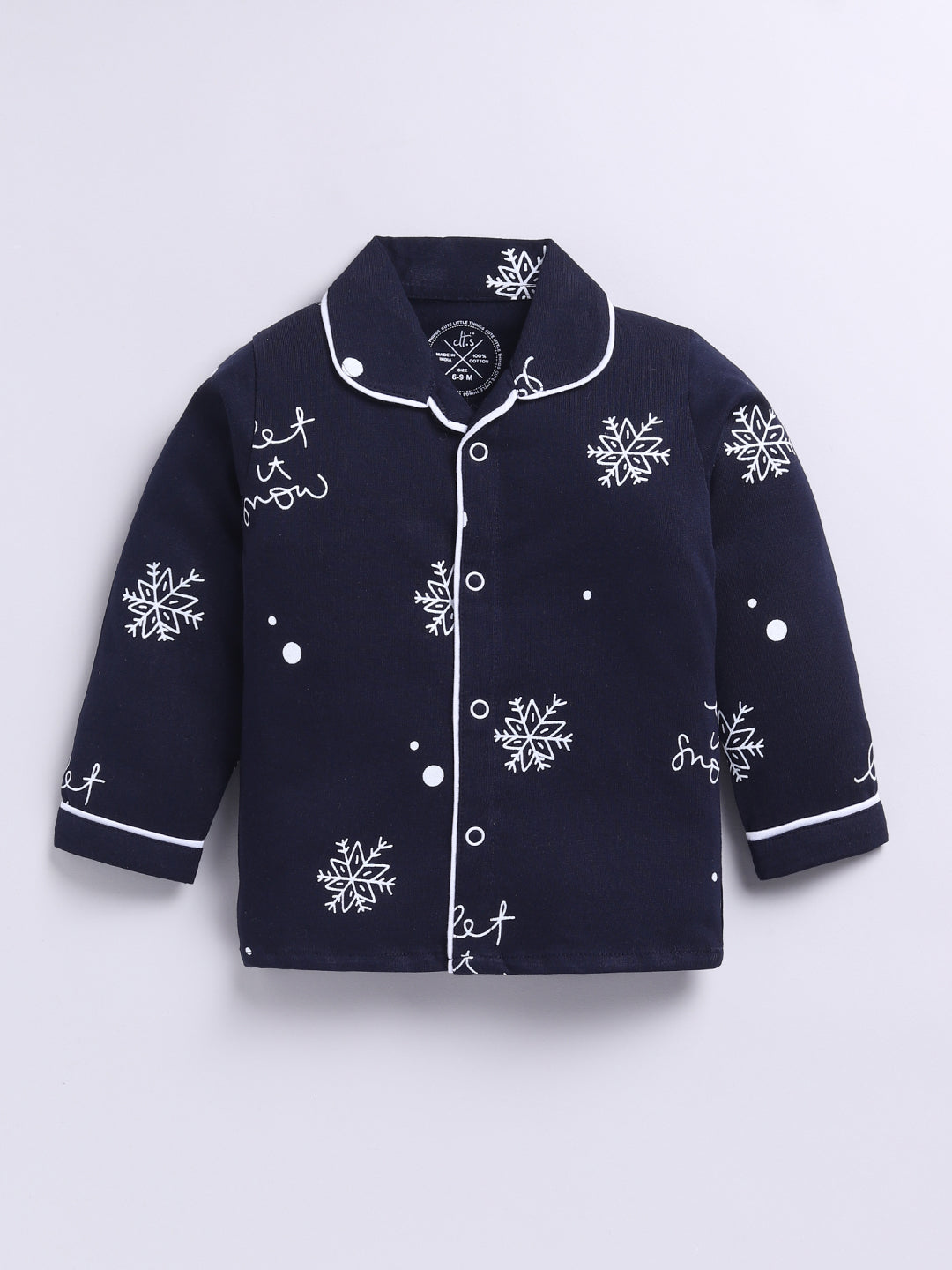 'Snowflake' Blue Cotton Knitted Full Sleeve Night Suit