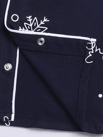 'Snowflake' Blue Cotton Knitted Full Sleeve Night Suit