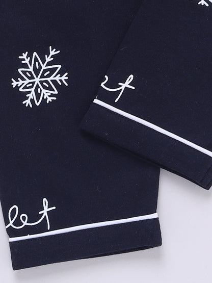 'Snowflake' Blue Cotton Knitted Full Sleeve Night Suit