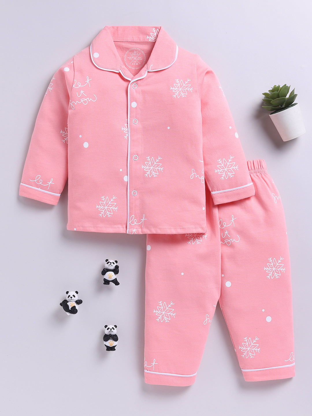 'Snowflake' Pink Cotton Knitted Full Sleeve Night Suit