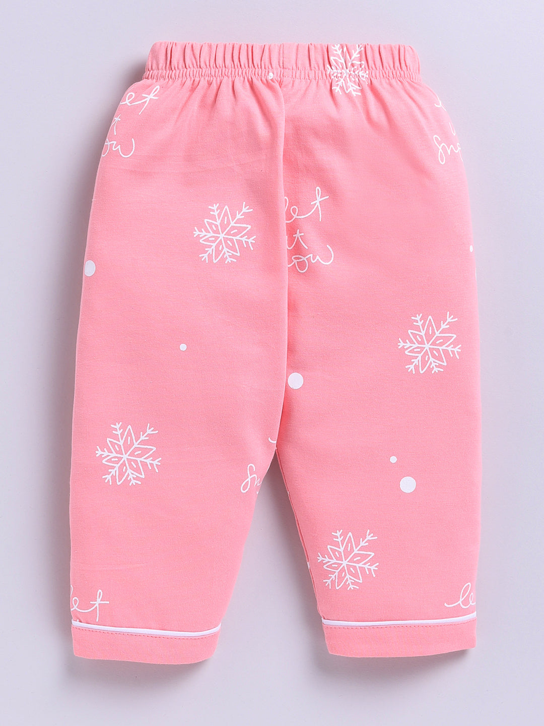 'Snowflake' Pink Cotton Knitted Full Sleeve Night Suit