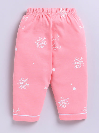 'Snowflake' Pink Cotton Knitted Full Sleeve Night Suit
