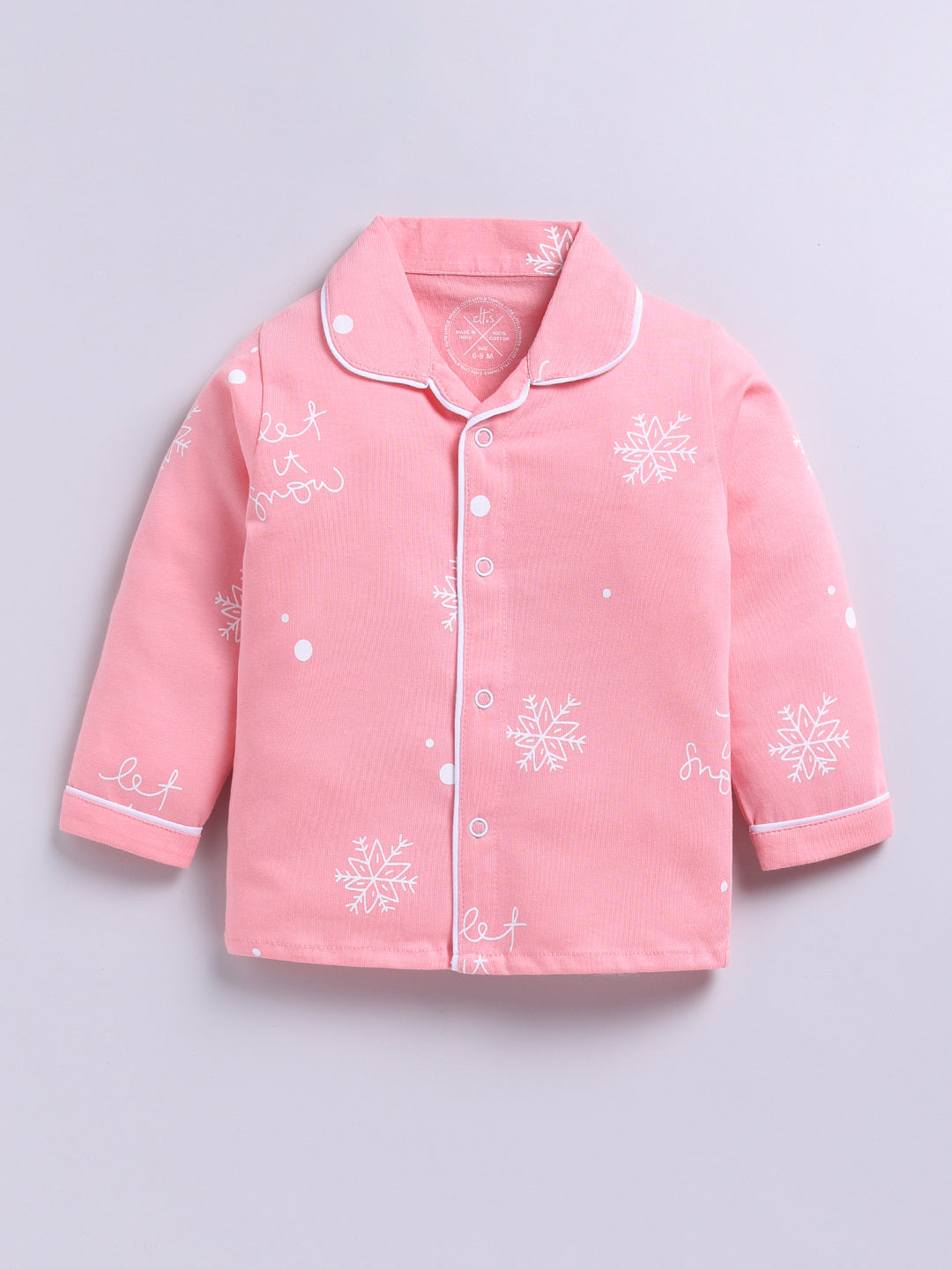 'Snowflake' Pink Cotton Knitted Full Sleeve Night Suit