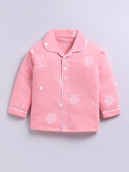 'Snowflake' Pink Cotton Knitted Full Sleeve Night Suit