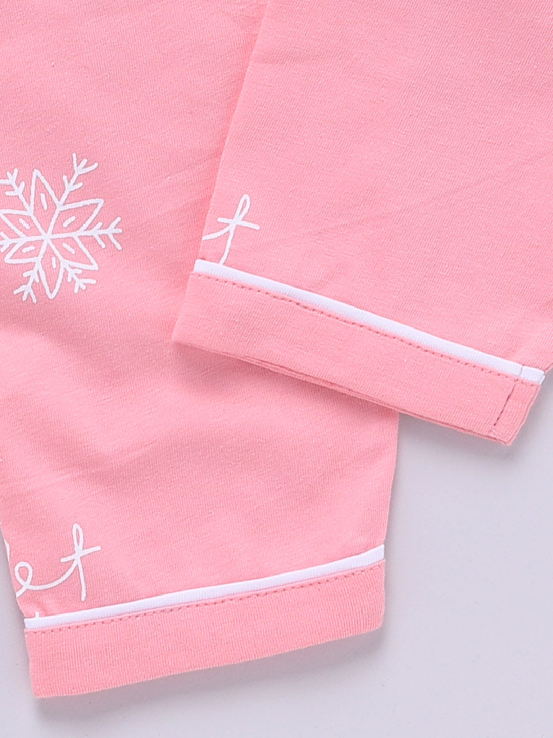 'Snowflake' Pink Cotton Knitted Full Sleeve Night Suit