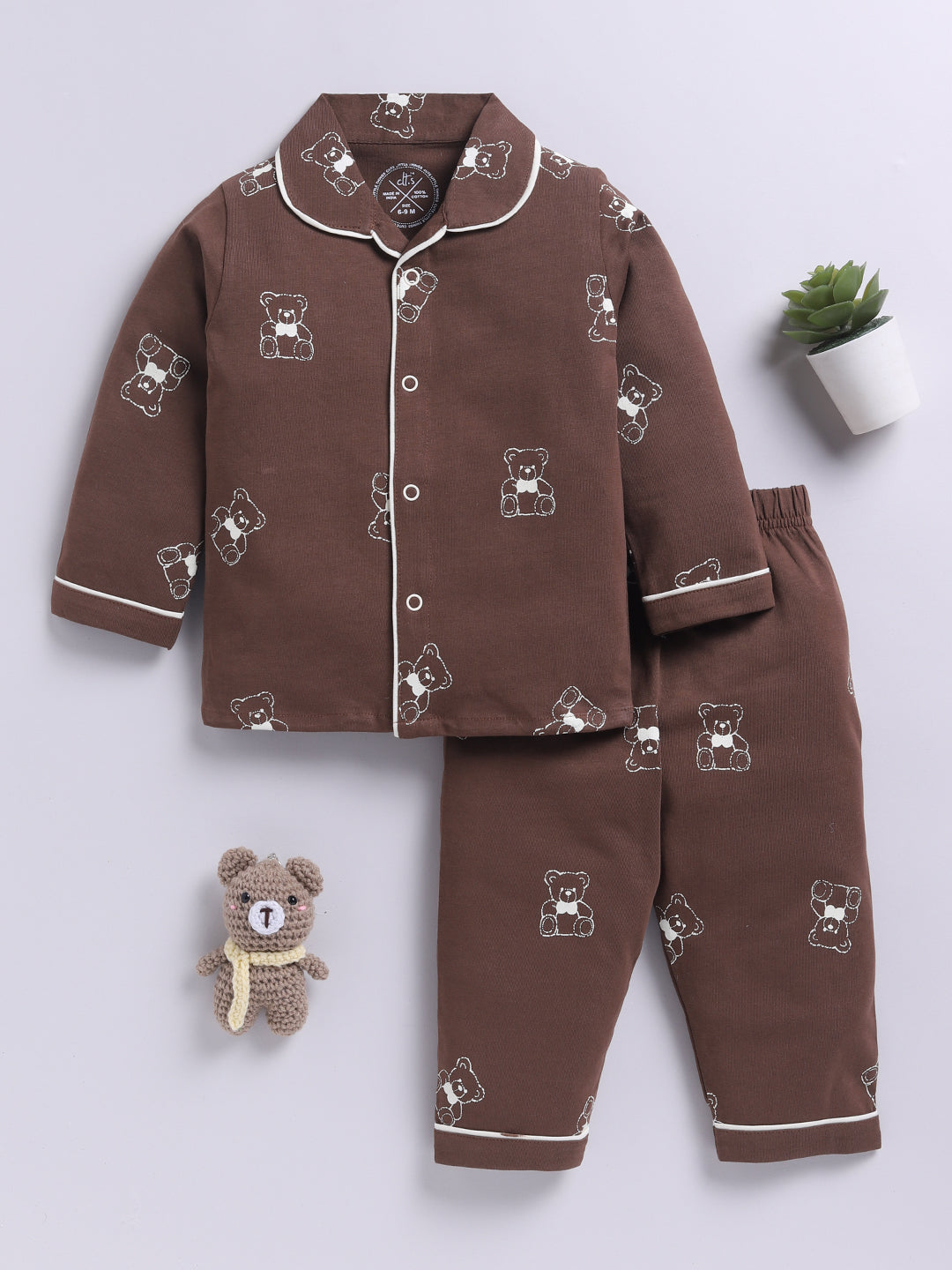 Teddy Bear Brown Cotton Knitted Full Sleeve Night Suit