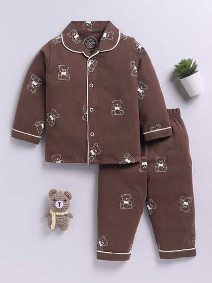 Teddy Bear Brown Cotton Knitted Full Sleeve Night Suit