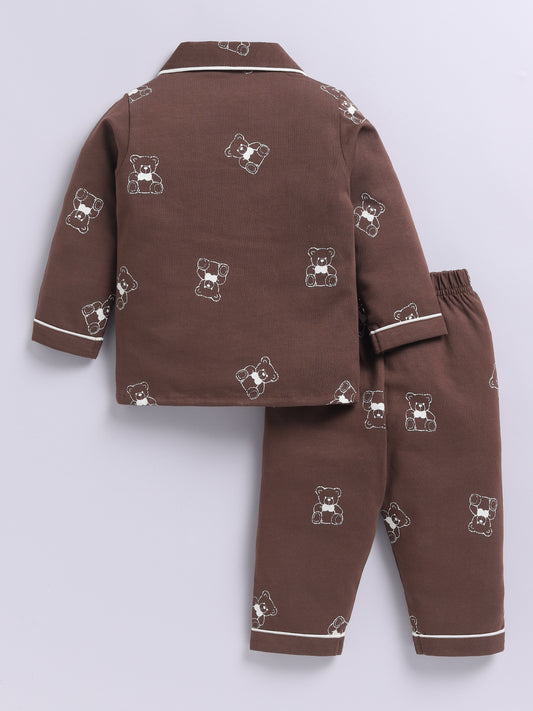 Teddy Bear Brown Cotton Knitted Full Sleeve Night Suit