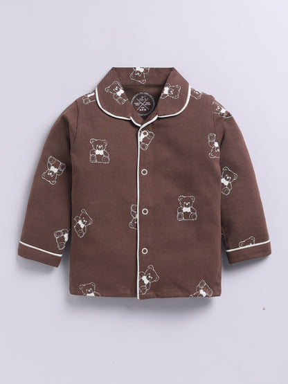 Teddy Bear Brown Cotton Knitted Full Sleeve Night Suit
