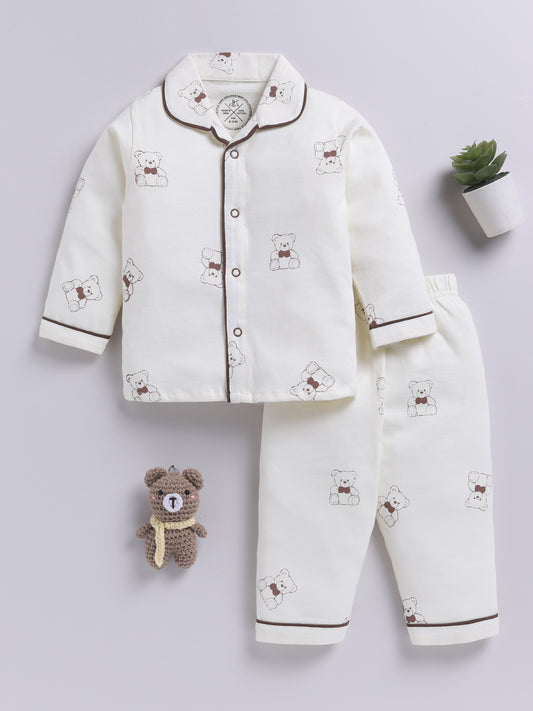 Teddy Bear Cream Cotton Knitted Full Sleeve Night Suit
