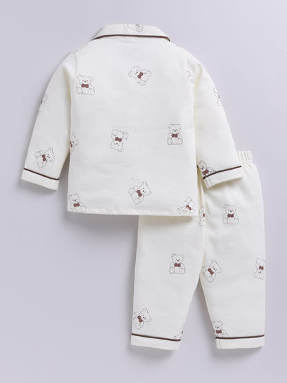 Teddy Bear Cream Cotton Knitted Full Sleeve Night Suit