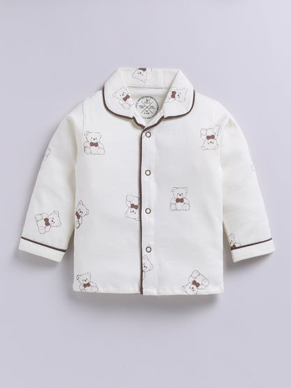 Teddy Bear Cream Cotton Knitted Full Sleeve Night Suit