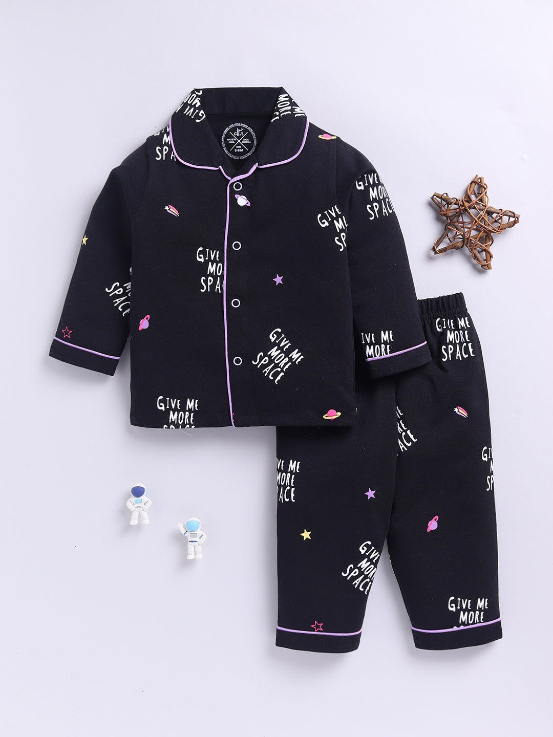 Black Cotton Knitted Typography Full Sleeve Night Suit