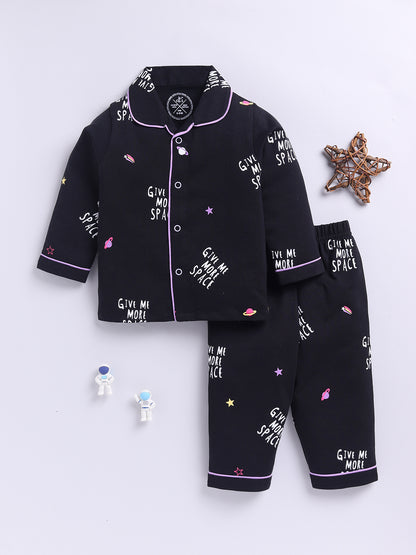 Black Cotton Knitted Typography Full Sleeve Night Suit