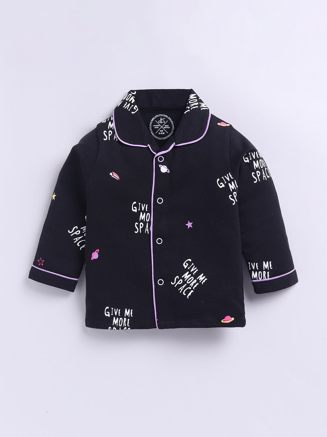 Black Cotton Knitted Typography Full Sleeve Night Suit