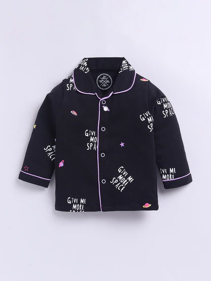 Black Cotton Knitted Typography Full Sleeve Night Suit