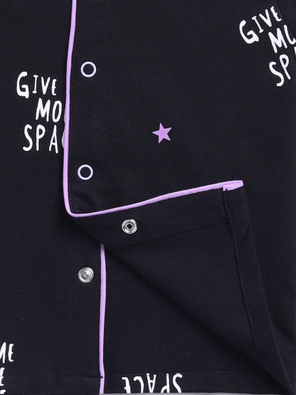 Black Cotton Knitted Typography Full Sleeve Night Suit